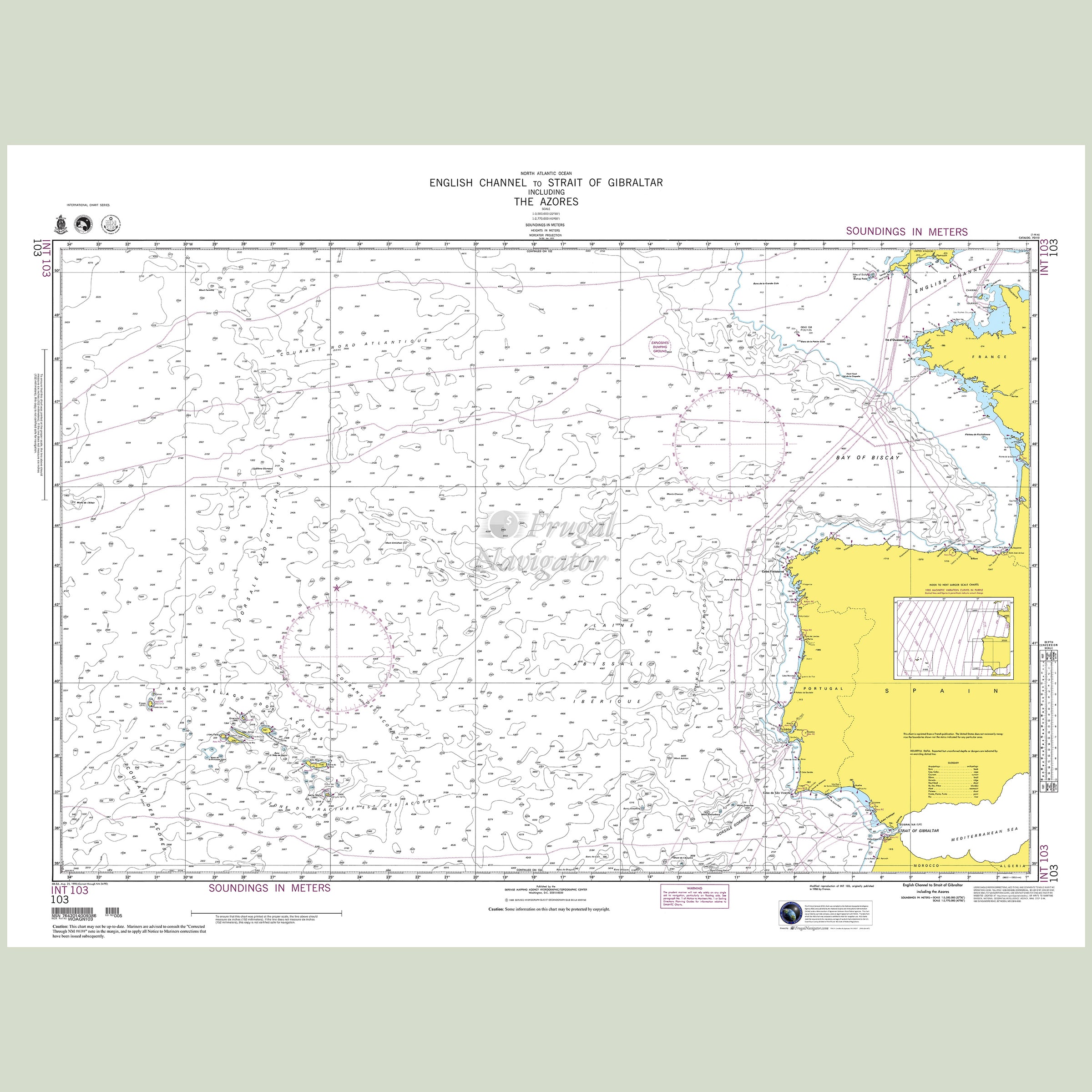 Official NGA nautical chart 103 – English Channel to Strait of Gibraltar including the Azores.