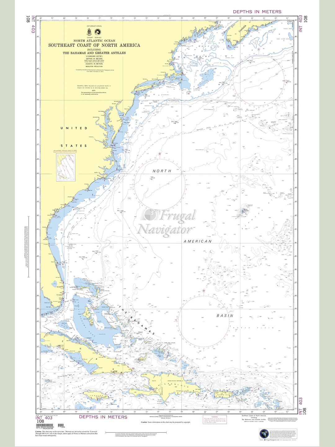 Official NGA nautical chart 108 – Southeast Coast of North America including the Bahamas and Greater Antilles.