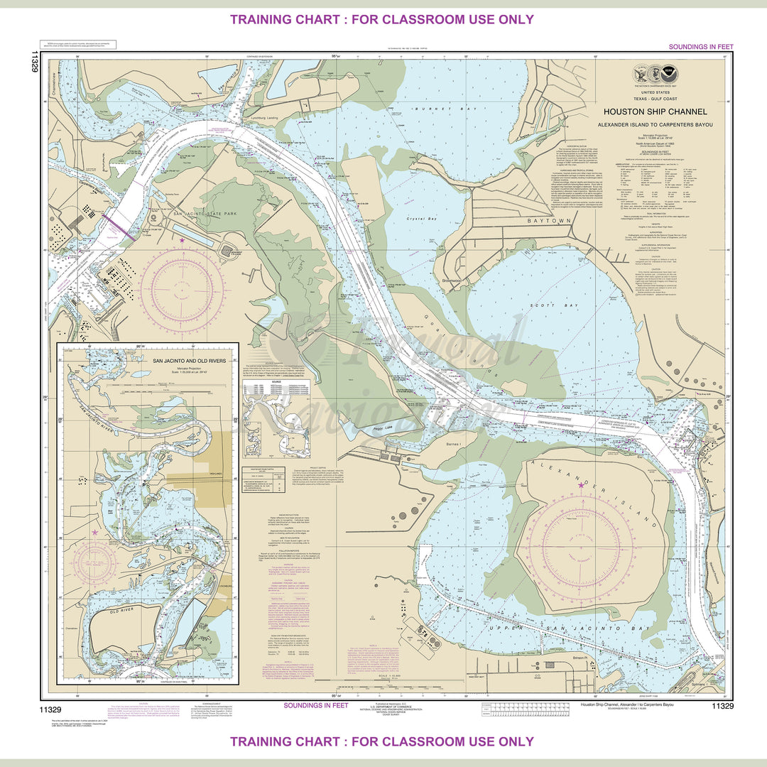 Archival NOAA nautical chart Houston – Ship Channel Alexander Island to Carpenters Bayou; San Jacinto and Old Rivers.