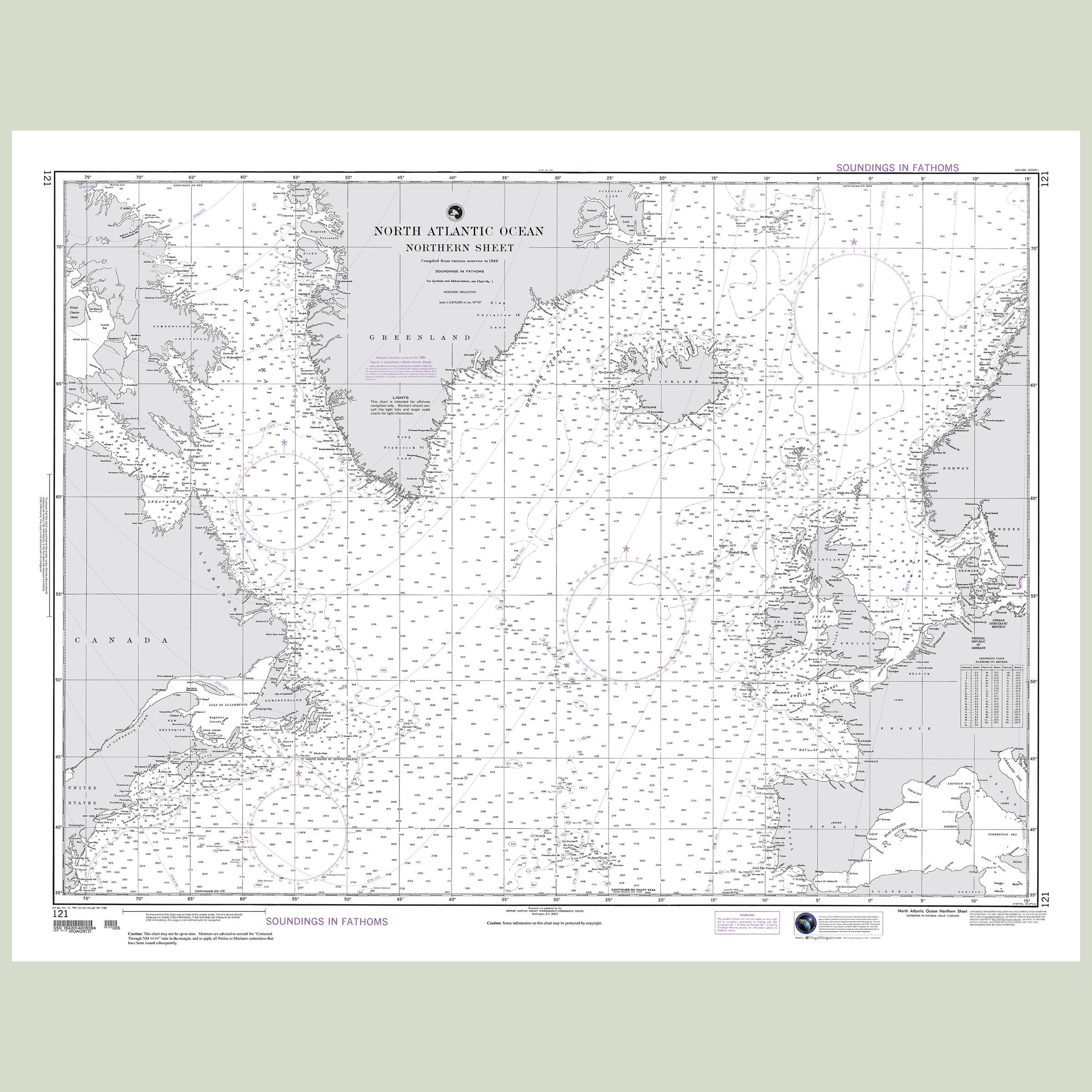 Official NGA nautical chart 121 – North Atlantic Ocean - Northern Sheet.
