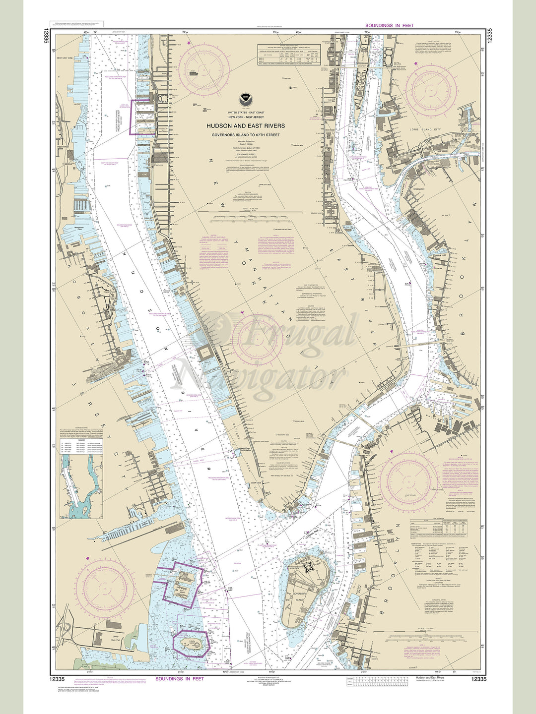 Archival NOAA nautical chart Hudson – and East Rivers Governors Island to 67th Street.
