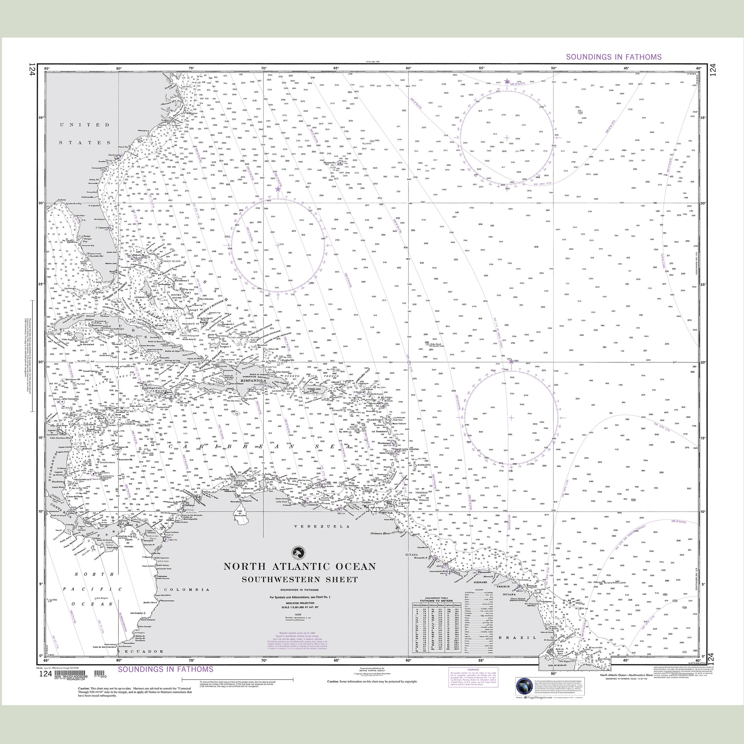 Official NGA nautical chart 124 – North Atlantic Ocean - Southwestern Sheet.