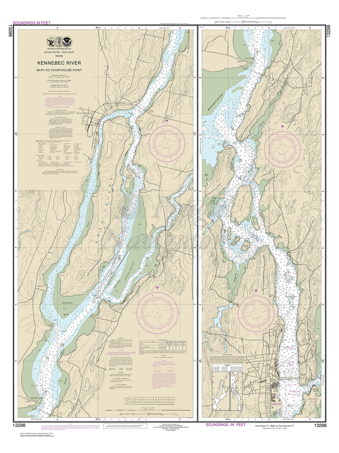 Archival NOAA nautical chart Kennebec – River Bath to Courthouse Point.
