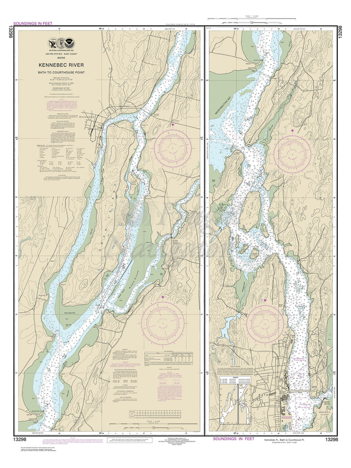 Archival NOAA nautical chart Kennebec – River Bath to Courthouse Point.