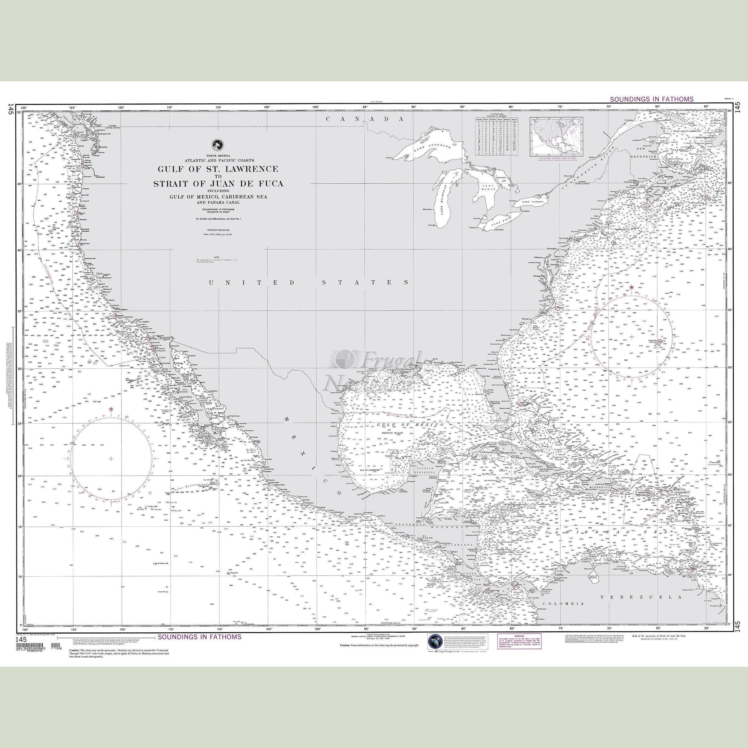 Official NGA nautical chart 145 – Atlantic and Pacific Coasts - Gulf of St. Lawrence to Strait of Juan De Fuca.