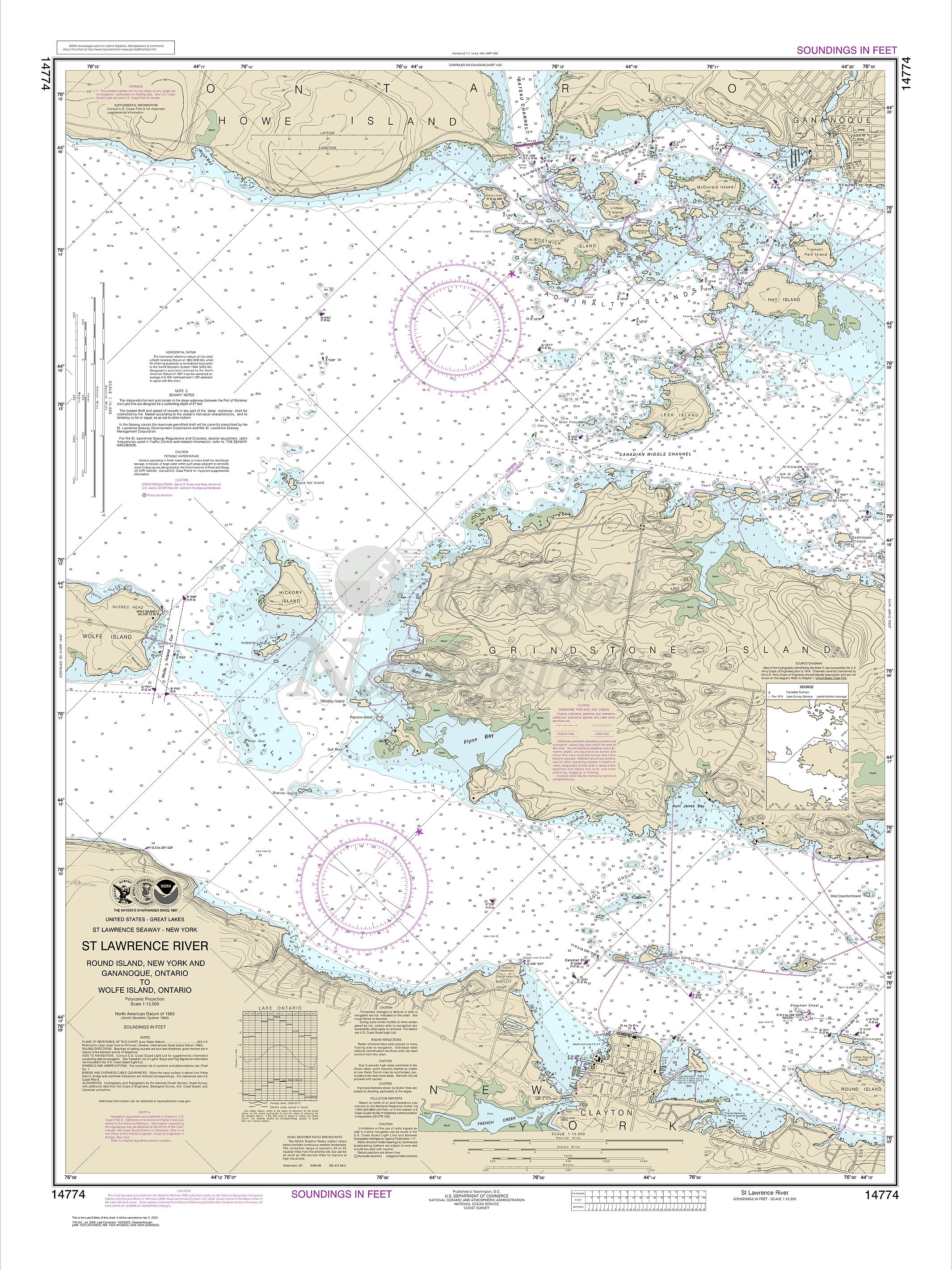 Archival NOAA Chart Round – I.- N.Y. and Gananoque- Ont. to Wolfe I ...