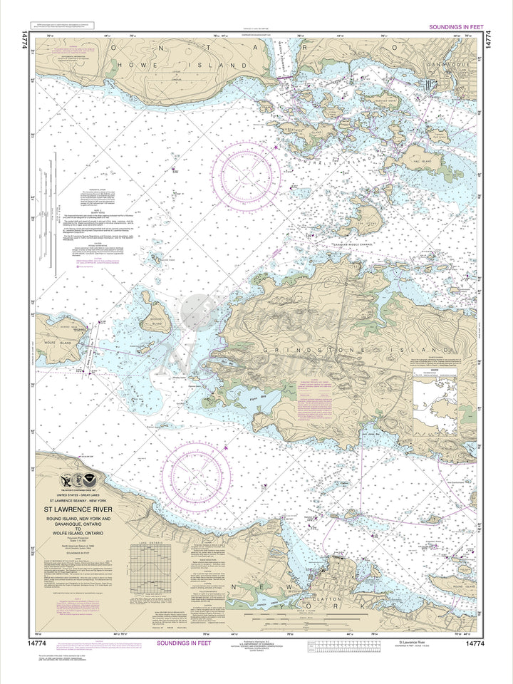 Archival NOAA nautical chart Round – I.- N.Y. and Gananoque- Ont. to Wolfe I.- Ont..