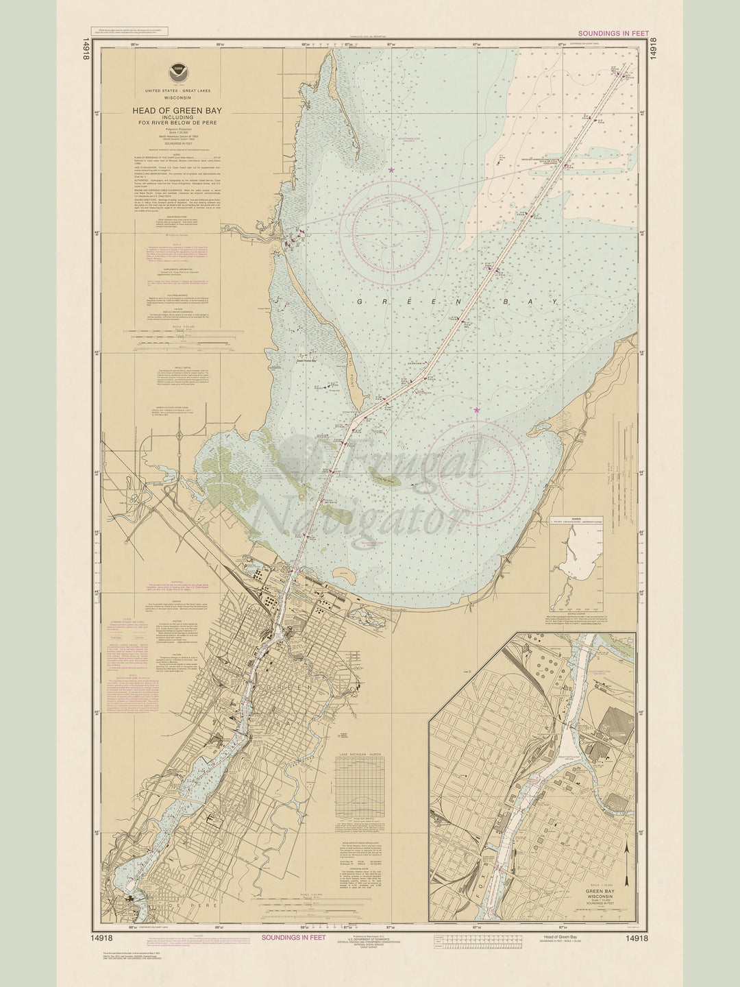 Archival NOAA nautical chart Head – of Green Bay, including Fox River below De Pere;Green Bay.