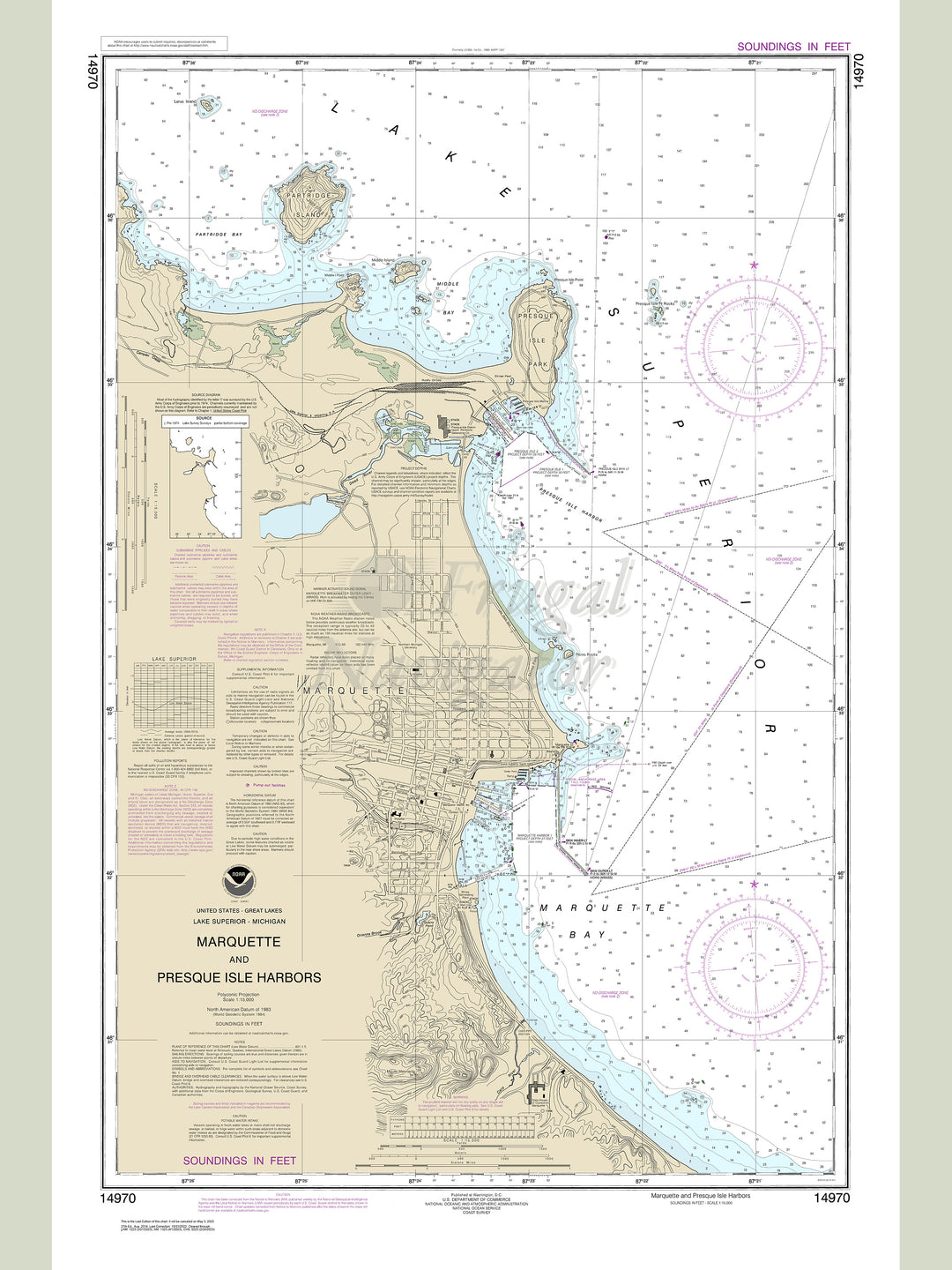 Archival NOAA nautical chart Marquette – and Presque Isle Harbors.