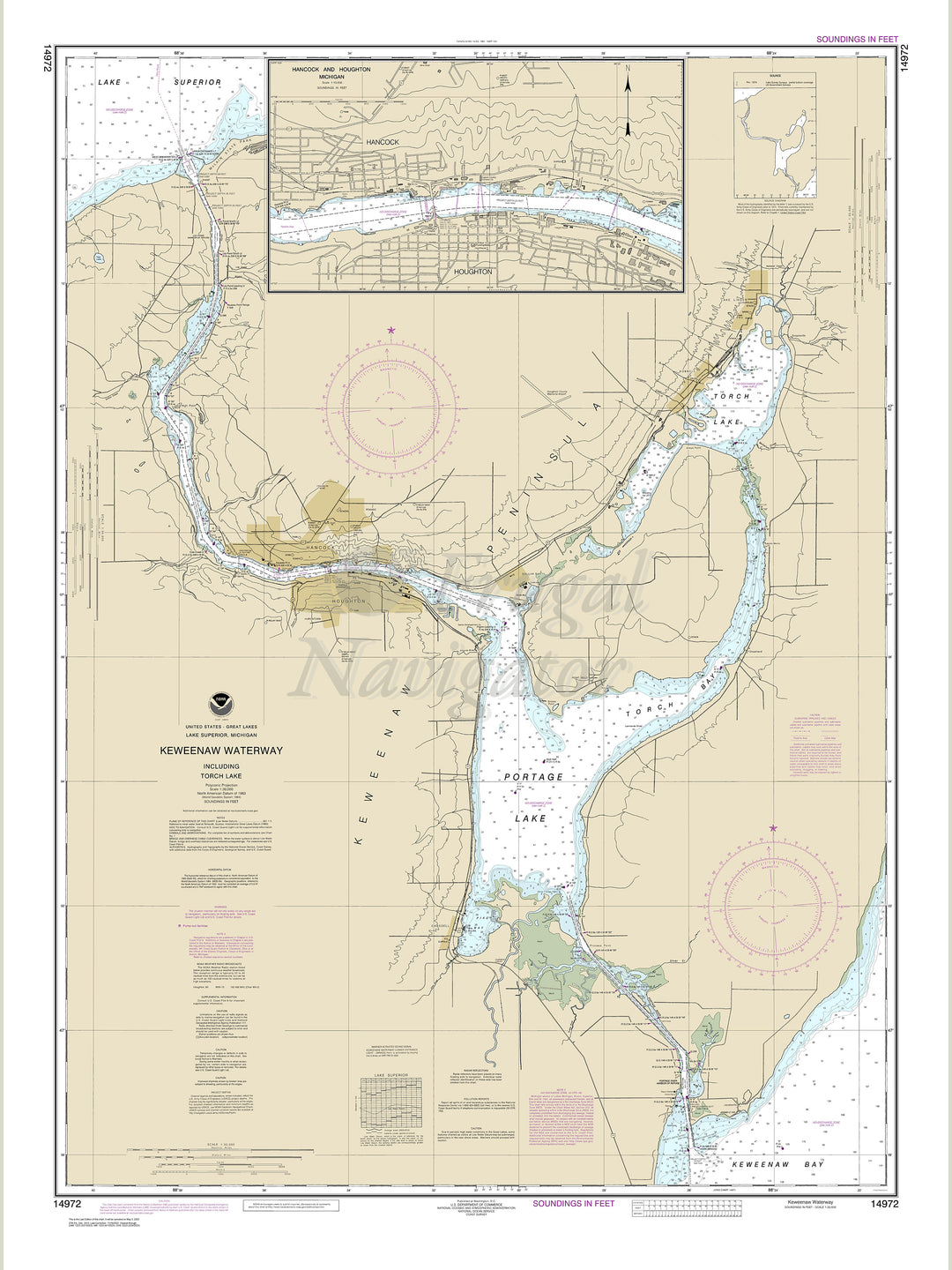Archival NOAA nautical chart Keweenaw – Waterway, including Torch Lake;Hancock and Houghton.