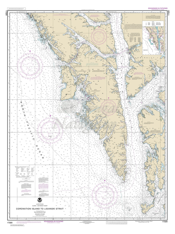 Archival NOAA nautical chart Coronation – Island to Lisianski Strait.