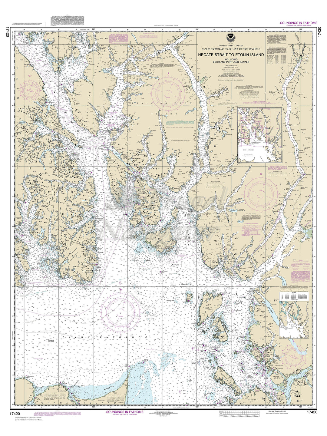 Archival NOAA nautical chart Hecate – Strait to Etolin Island, including Behm and Portland Canals.