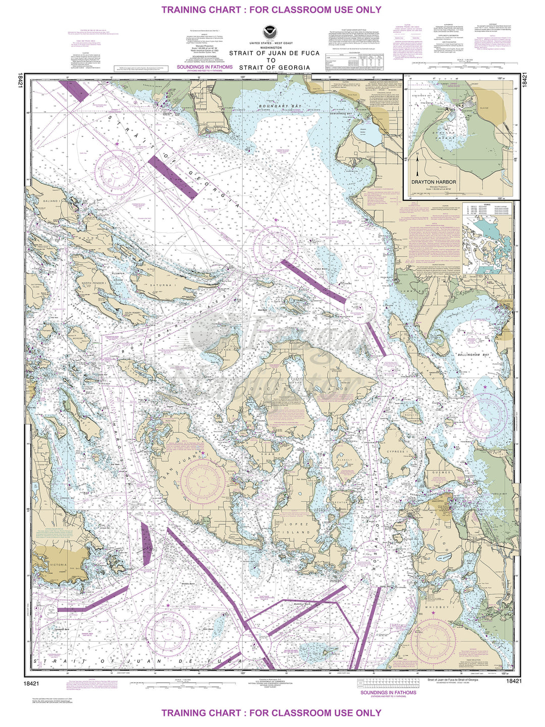 NOAA archival / training nautical chart 18421 – Strait of Juan De Fuca to Strait of Georgia (not for navigation).