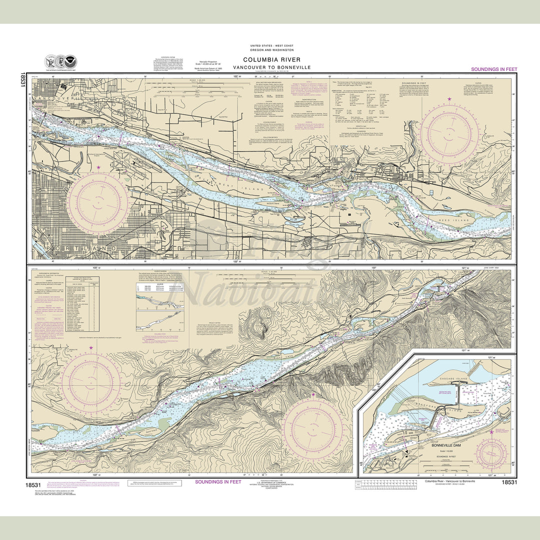 Archival NOAA nautical chart Columbia – River Vancouver to Bonneville; Bonneville Dam.