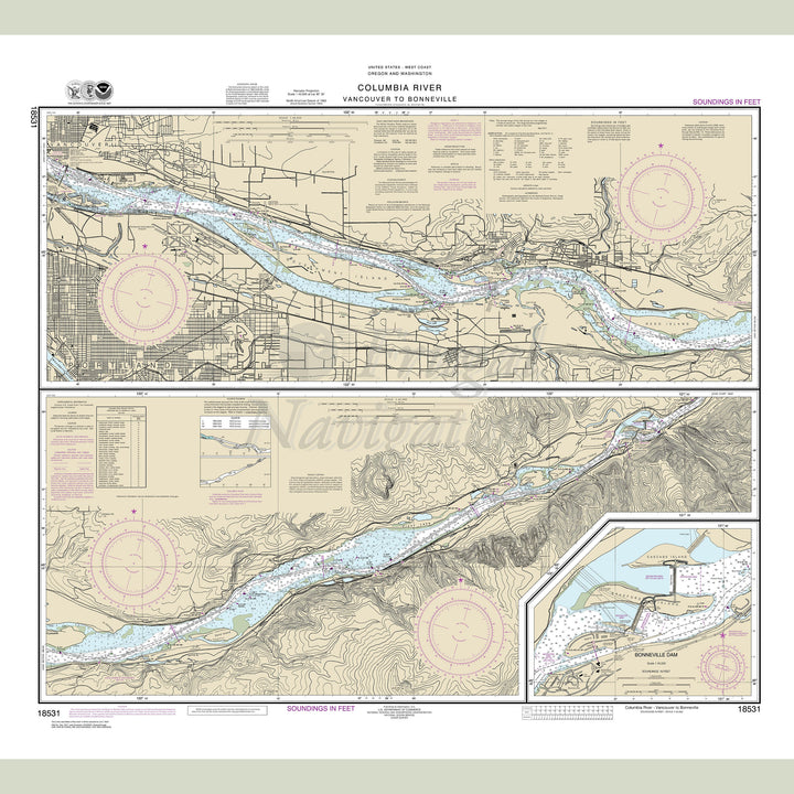 Archival NOAA nautical chart Columbia – River Vancouver to Bonneville; Bonneville Dam.