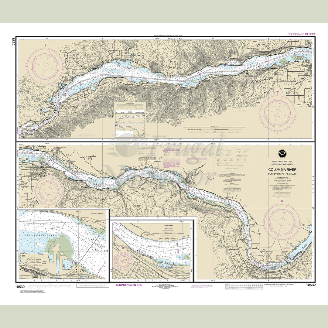 Archival NOAA nautical chart Columbia – River Bonneville To The Dalles; The Dalles; Hood River.