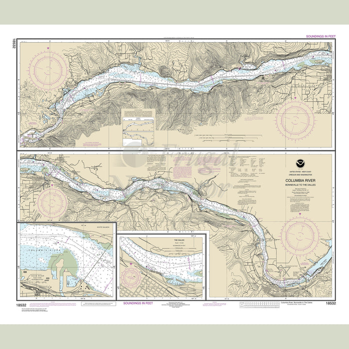 Archival NOAA nautical chart Columbia – River Bonneville To The Dalles; The Dalles; Hood River.