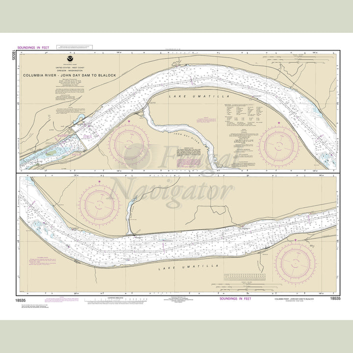Archival NOAA nautical chart Columbia – River John Day Dam to Blalock.