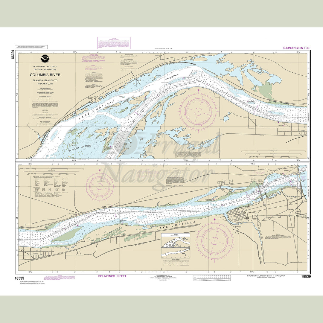Archival NOAA nautical chart Columbia – River Blalock Islands to McNary Dam.