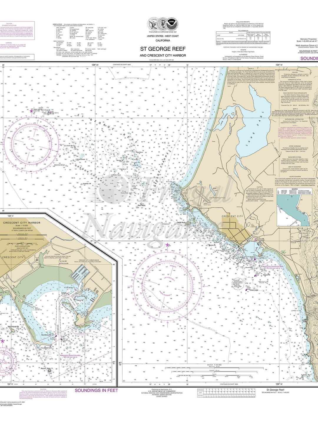 Archival NOAA nautical chart St. – George Reef and Crescent City Harbor;Crescent City Harbor.