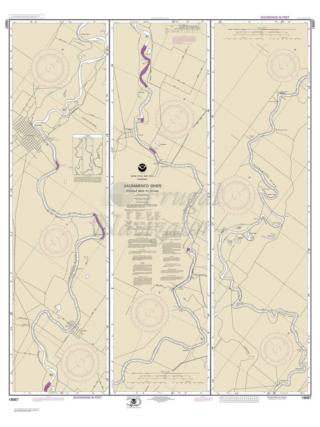 Archival NOAA nautical chart Sacramento – River Fourmile Bend To Colusa.