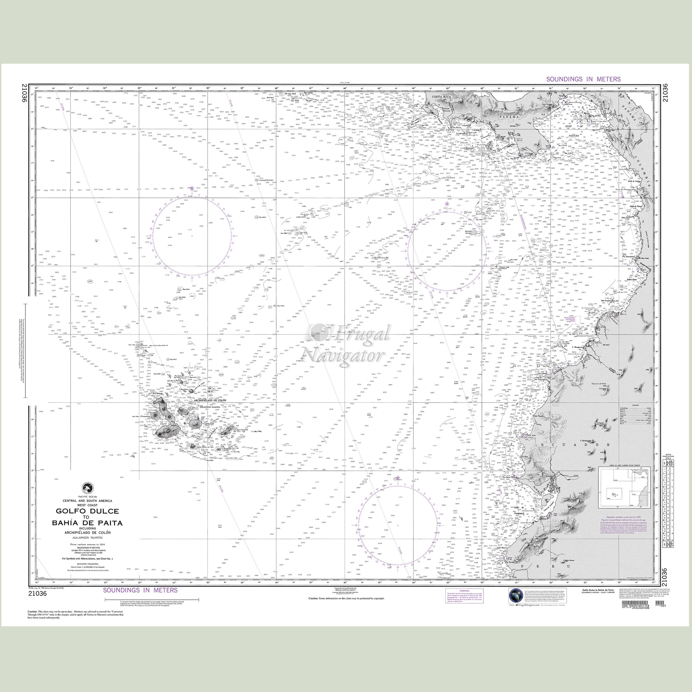 Official NGA nautical chart 21036 – Central and South America - Gulfo Dulce to Bhaia de Paita including Galapagos Islands.