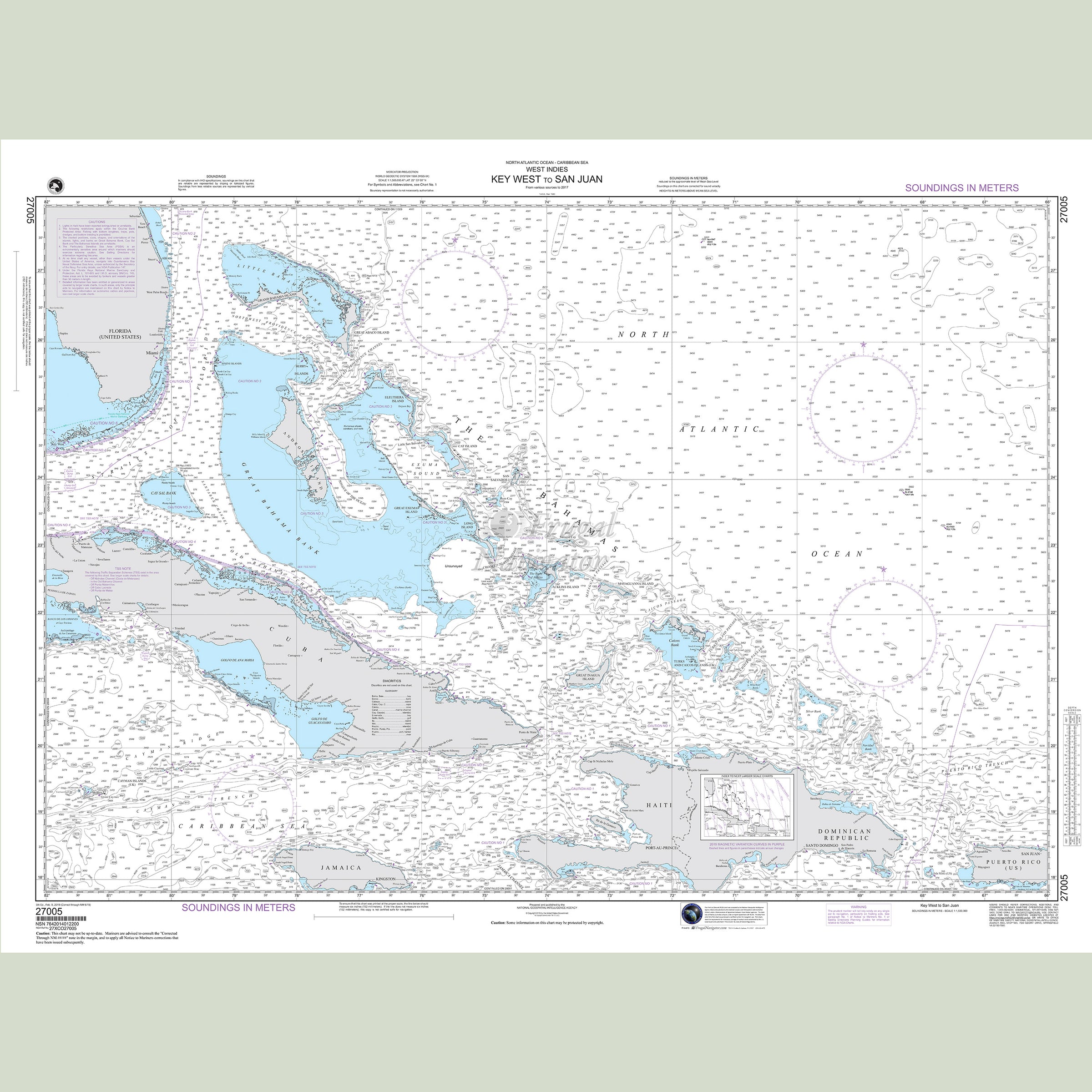 Official NGA nautical chart 27005 – West Indies - Key West to San Juan.
