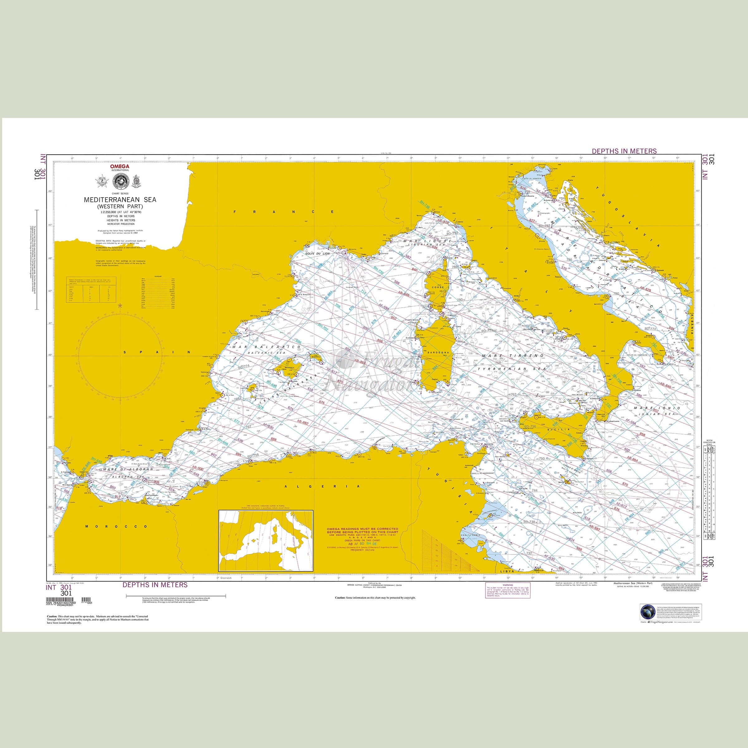 Official NGA nautical chart 301 – Mediterranean Sea - Western Part.