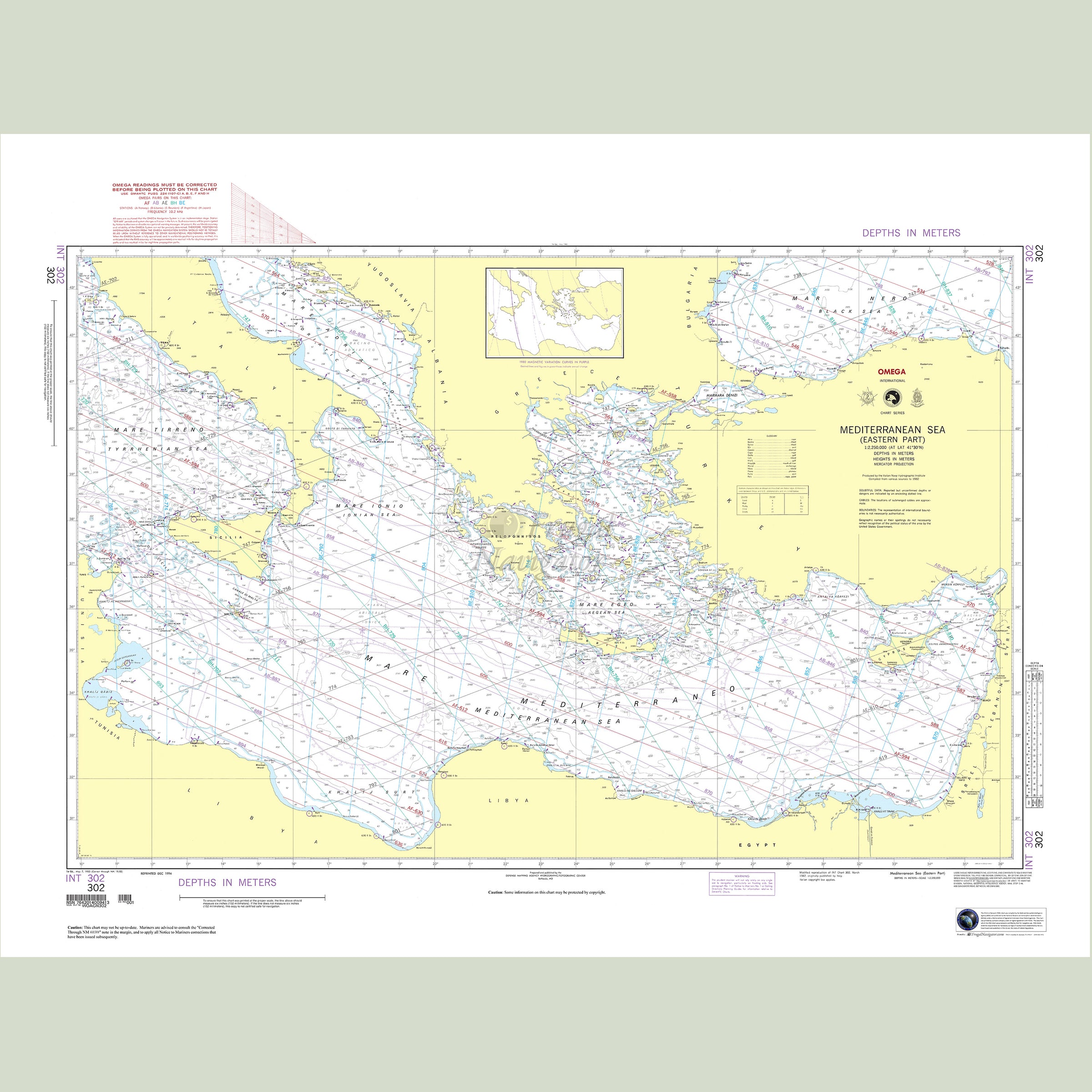 Official NGA nautical chart 302 – Mediterranean Sea - Eastern Part.