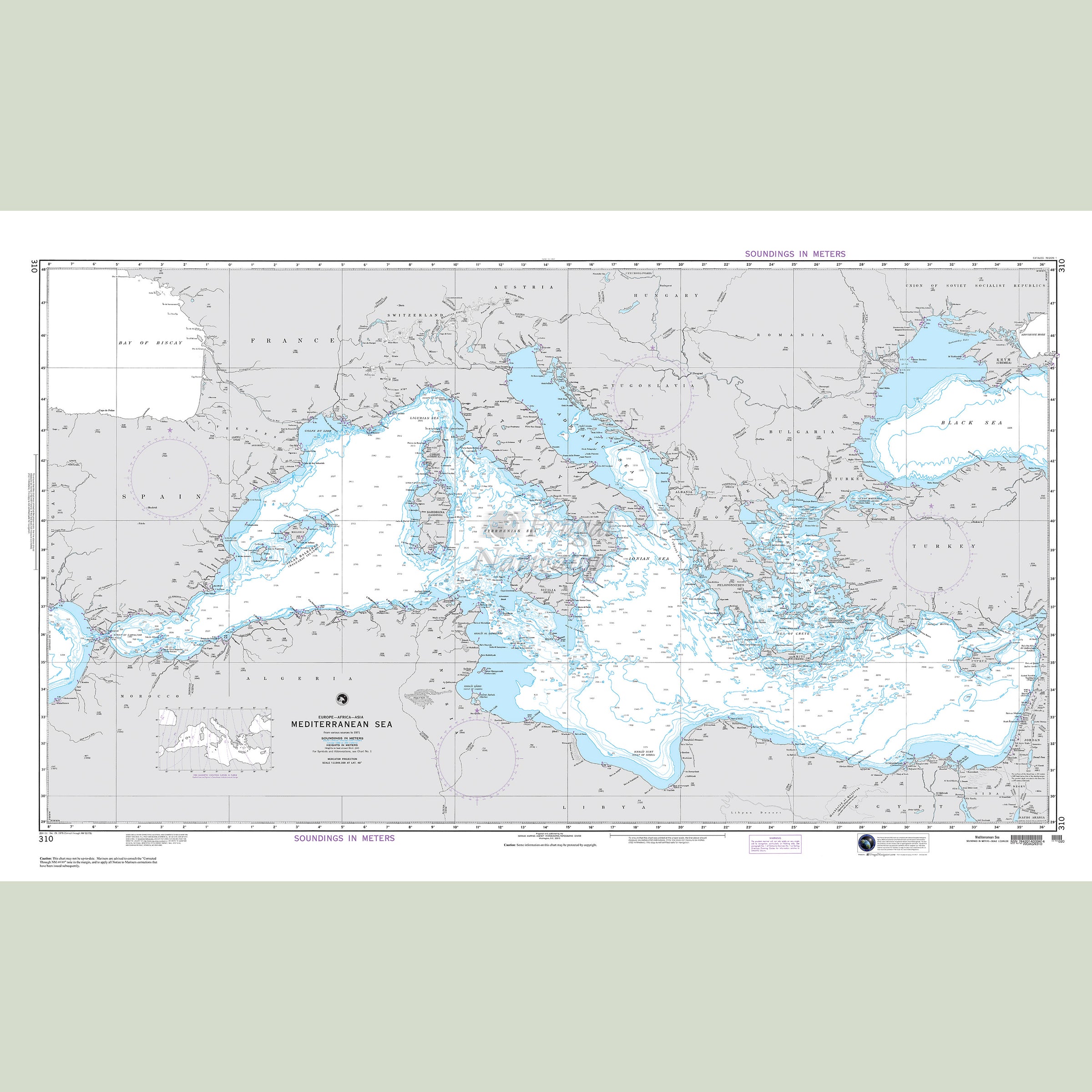Official NGA nautical chart 310 – Mediterranean Sea.