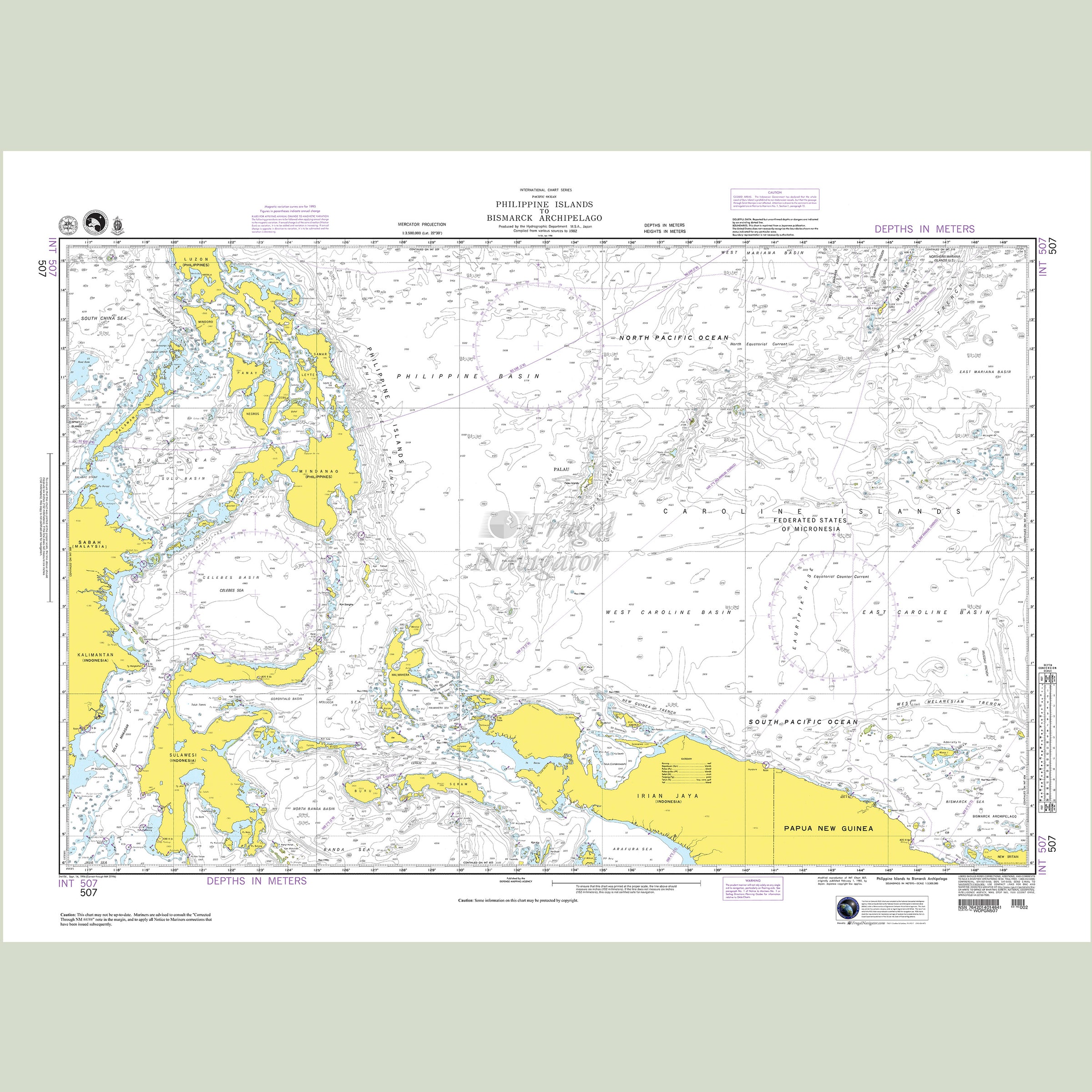Official NGA nautical chart 507 – Philippine Islands to Bismark Archipelago.