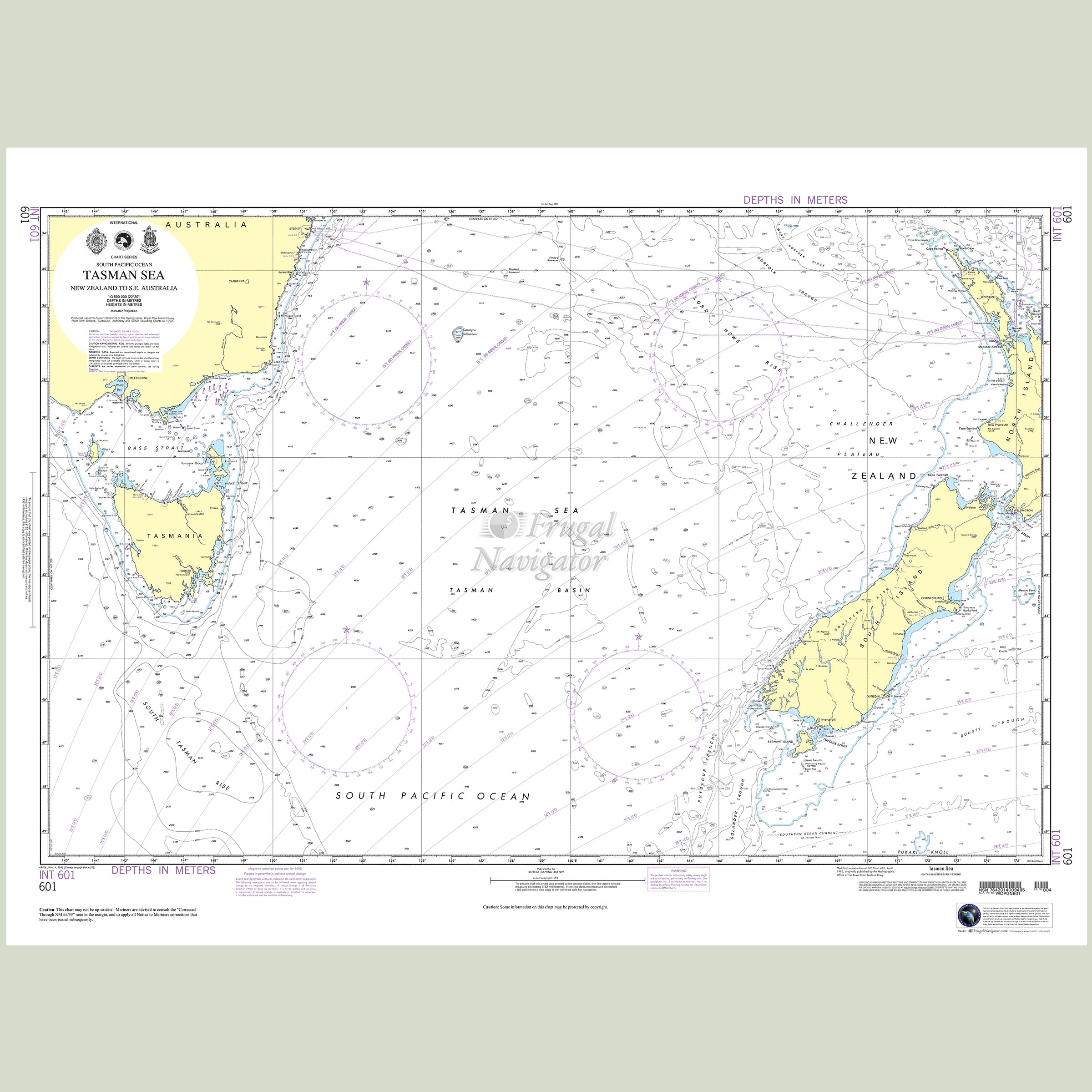 Official NGA nautical chart 601 – South Pacific - Tasman Sea from New Zealand to S.E. Australia.