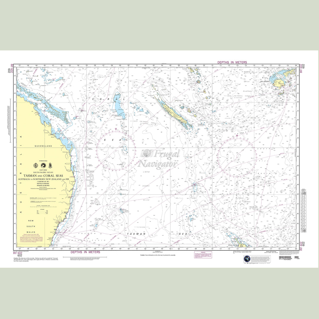 Official NGA nautical chart 602 – South Pacific - Tasman and Coral Seas - Australia to Northern New Zealand and Fiji.