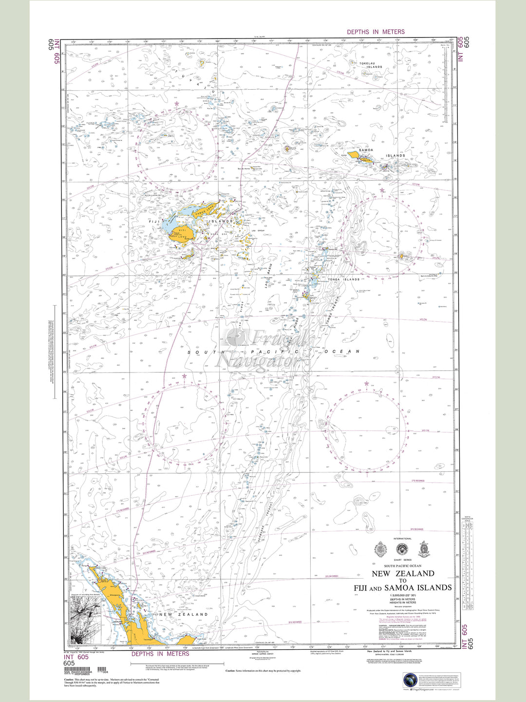 Official NGA nautical chart 605 – Southern Pacific - New Zealand to Fiji and Samoa Islands.